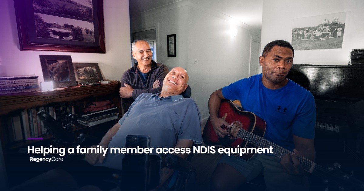 A family member sitting beside their relative at home, sharing a warm and supportive moment.